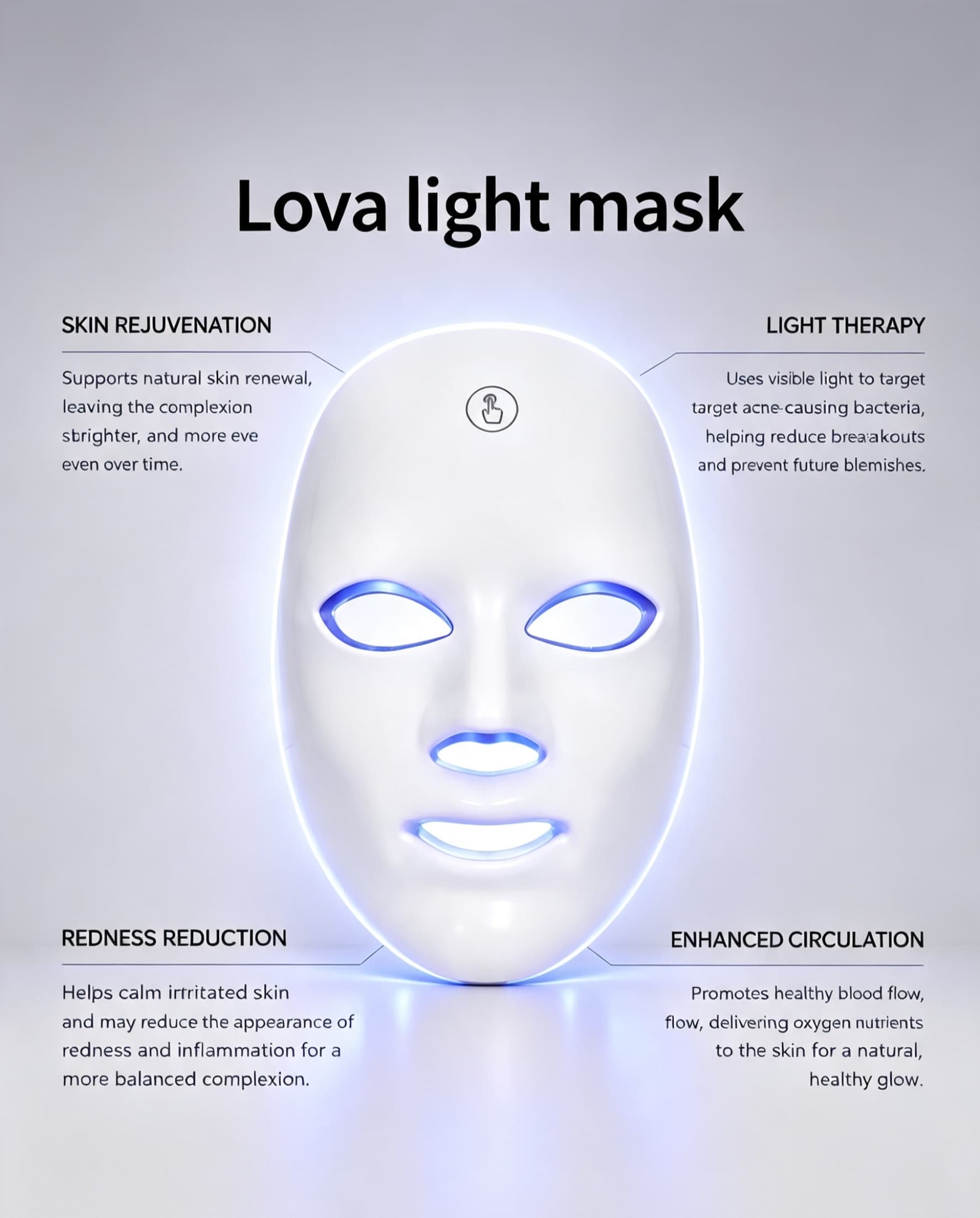 An informational graphic for the Lova light mask, showing a white LED face mask centered on a light gray background with text callouts describing skin rejuvenation, light therapy, redness reduction, and enhanced circulation.