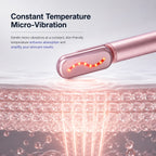 A close-up of a rose gold skincare device with a glowing red micro-vibration pattern on its tip, positioned above a stylized graphic of skin layers and pores. The top left features text reading 'Constant Temperature Micro-Vibration' with supporting descriptive copy.