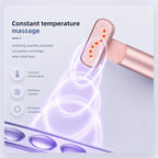 Rose gold constant temperature massage device with glowing purple heat wave graphics and text detailing its soothing warmth and circulation benefits.