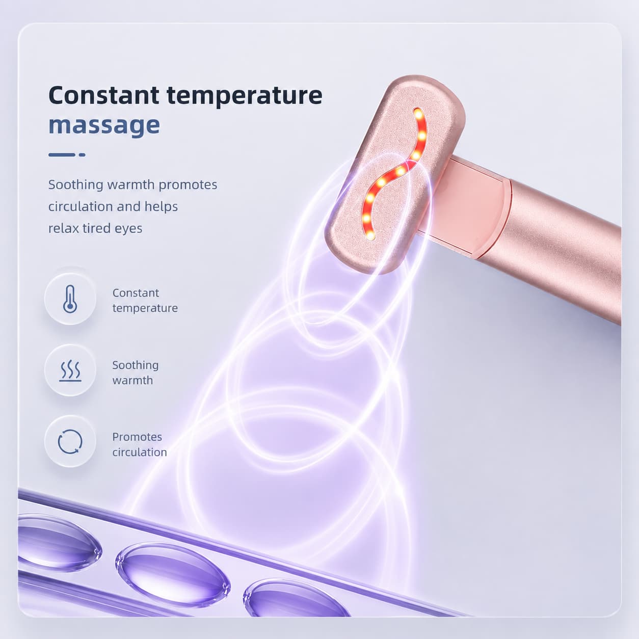 Rose gold constant temperature massage device with glowing purple heat wave graphics and text detailing its soothing warmth and circulation benefits.