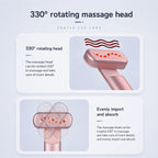 An informational graphic for a pink eye massage device, showing two white panels with text and illustrations explaining a 330° rotating head and even import and absorb function.