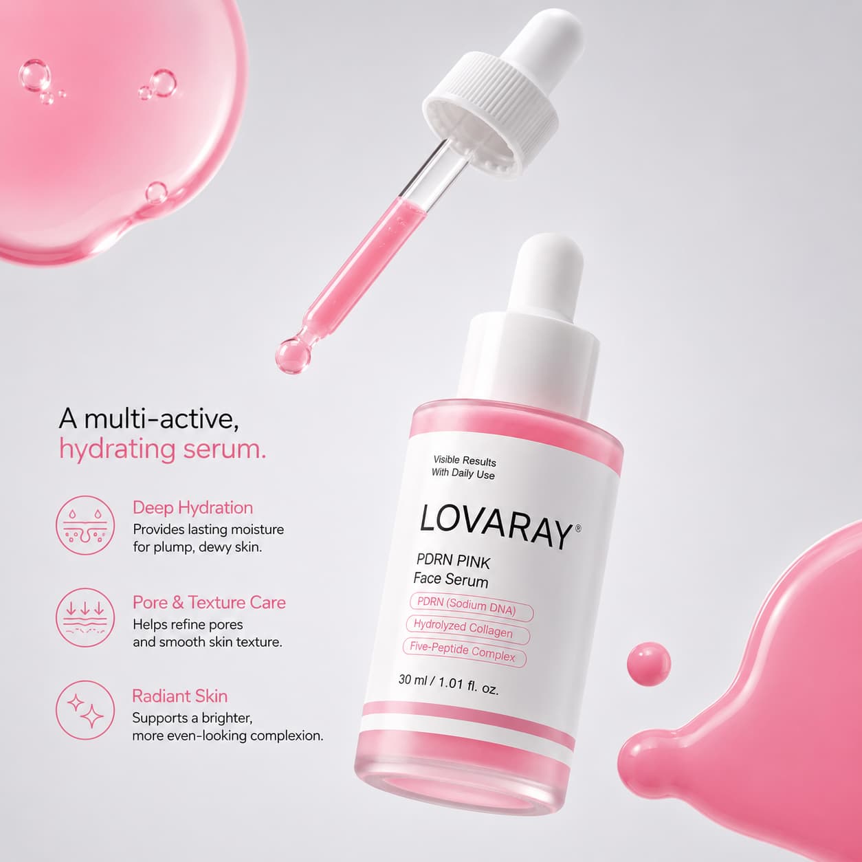 LOVARAY Porn Pink Face Serum bottle with a dropper and applicator, shown on a light gray background with pink liquid droplets and marketing text.