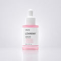 A bottle of LOVARAY PDRN PINK Face Serum with a white dropper cap and a pink liquid visible inside a clear bottle, set against a clean white background with a soft reflection.