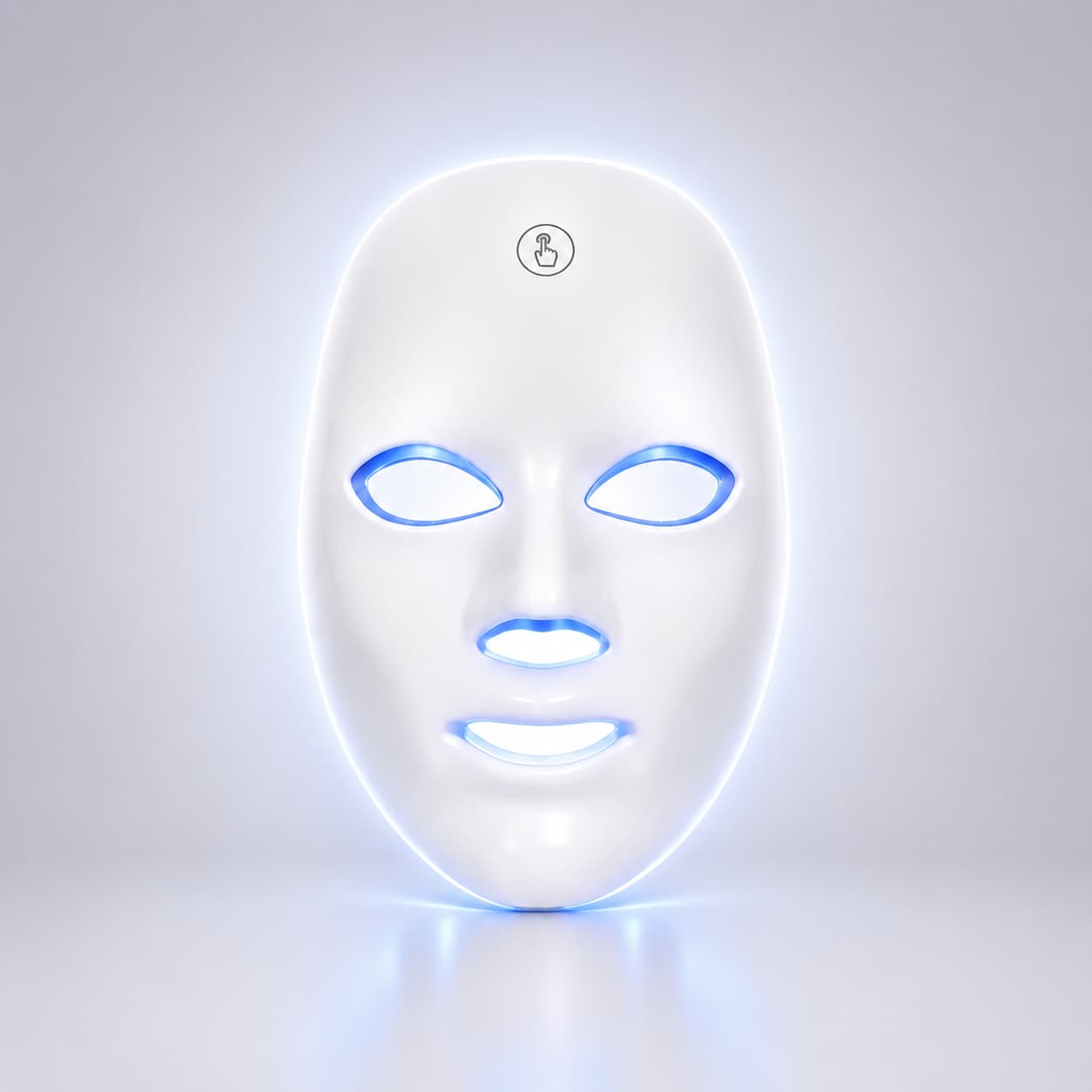 A white LED light therapy face mask with glowing blue and white light accents around the eye, nose, and mouth cutouts, shown on a clean light gray background.