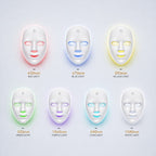 A light therapy mask set shown in six color modes on a light gray background, each labeled with its corresponding wavelength and light color (red, blue, yellow, green, purple, cyan, and white).