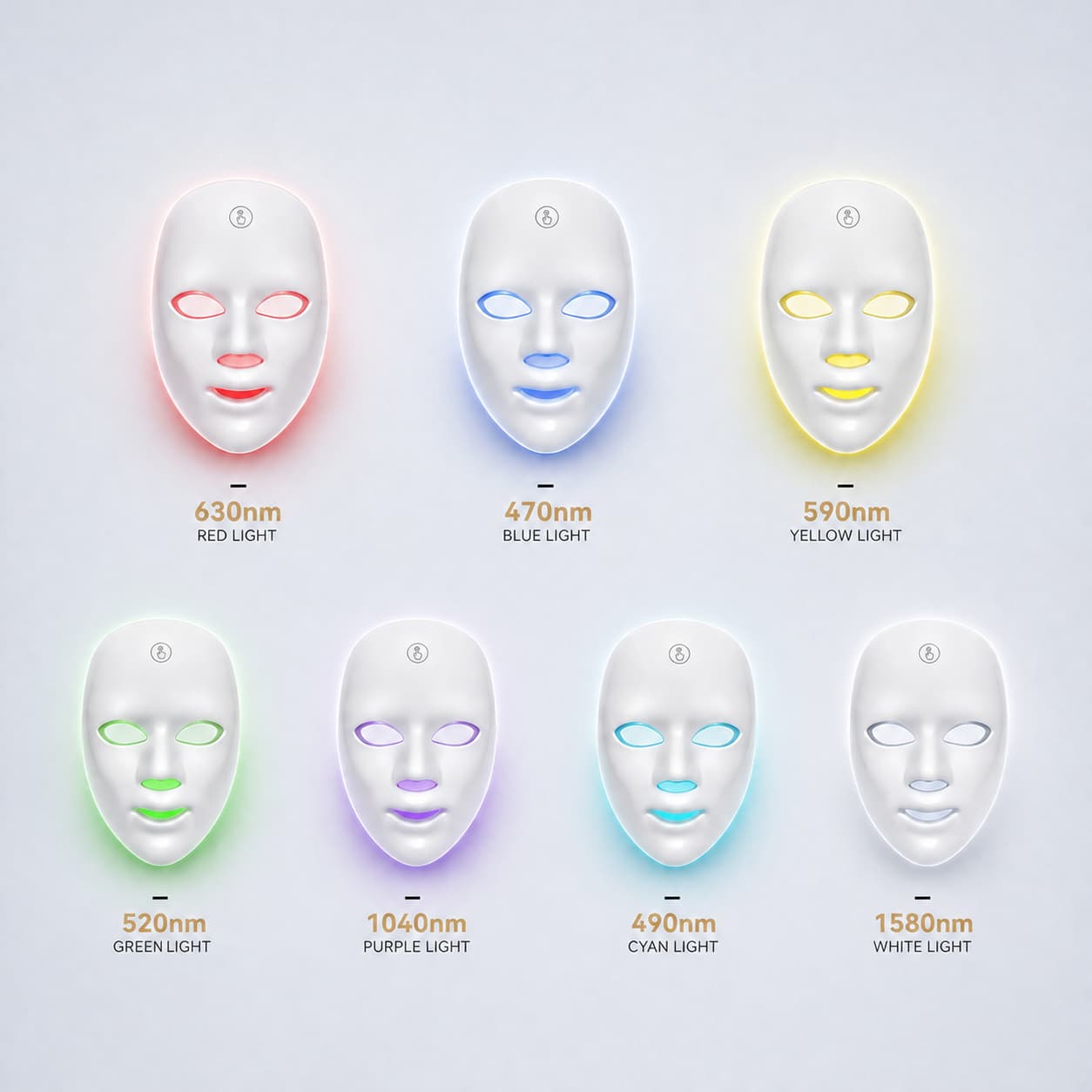 A light therapy mask set shown in six color modes on a light gray background, each labeled with its corresponding wavelength and light color (red, blue, yellow, green, purple, cyan, and white).