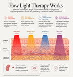 An infographic titled 'How Light Therapy Works' with a skin cross-section diagram and colored light bands labeled red, amber, blue, and NIR light, plus text describing benefits such as boosting collagen, reducing inflammation, and accelerating cellular repair.