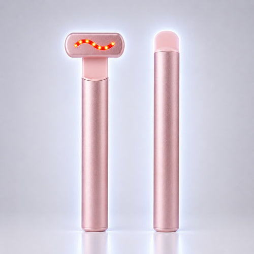 A pink metallic personal care device shown in two views on a clean light gray background: one T-shaped head with a glowing red wave graphic, and one slim cylindrical body.