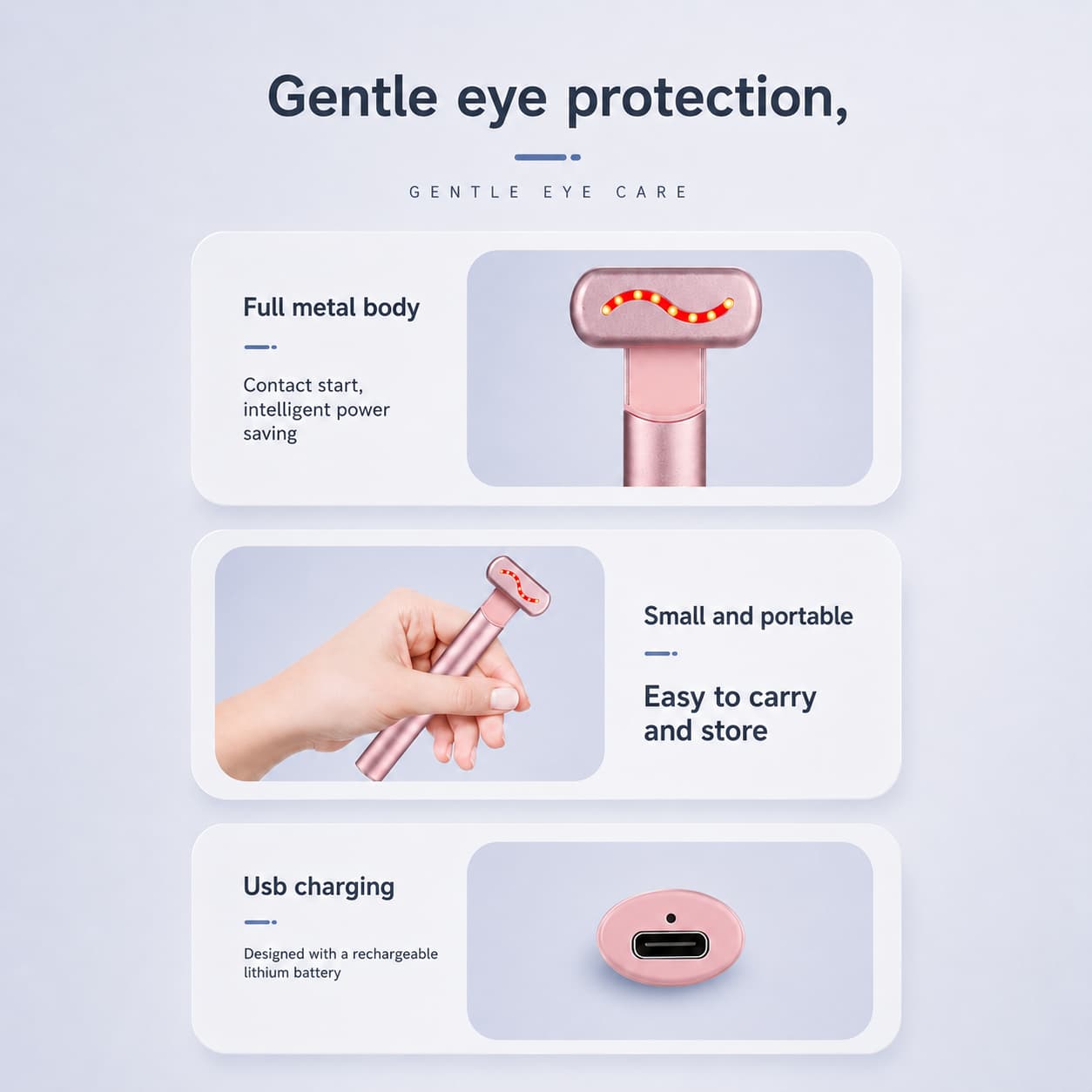 Infographic showcasing the LOVARAY Red Light Eye Therapy Wand with a full metal body, portable design, USB rechargeable battery, and ergonomic under-eye massage head.