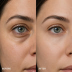 Close-up before-and-after comparison of a woman's eye area, showing under-eye darkness and uneven skin tone on the left ('BEFORE') and brighter, more even skin on the right ('AFTER').