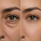 Close-up before-and-after comparison of a woman's eye area, showing under-eye darkness and wrinkles in the left panel labeled 'Before' and smoother, brighter skin in the right panel labeled 'After'.