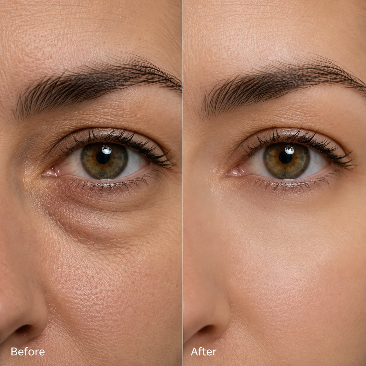 Close-up before-and-after comparison of a woman's eye area, showing under-eye darkness and wrinkles in the left panel labeled 'Before' and smoother, brighter skin in the right panel labeled 'After'.