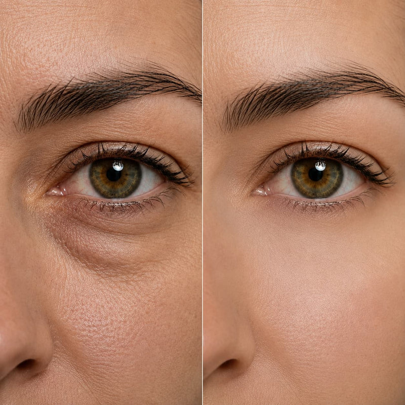 A close-up before-and-after comparison of a woman's eye area, showing under-eye darkness and wrinkles on the left and smoother, brighter skin on the right.
