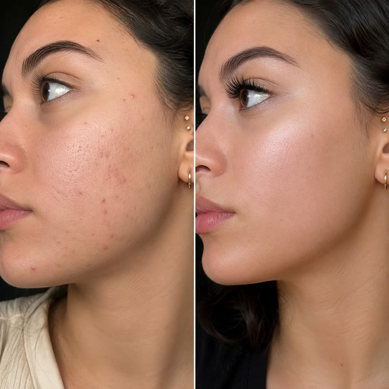 A side-by-side before and after comparison of a woman's face, showing acne and redness on the left panel and clearer, smoother skin on the right panel.