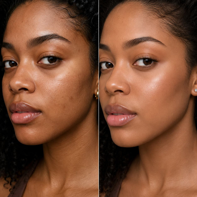 A side-by-side close-up comparison of a woman's face, showing a before-and-after makeup look with a matte finish on the left and a glossy, hydrated finish on the right.