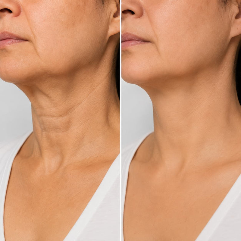 A side-by-side before and after comparison of a woman's neck and lower face, showing skin texture and wrinkle reduction on the right side.