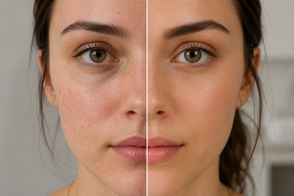 A close-up split-screen comparison of a woman's face, showing textured, blemished skin on the left and smoother, clearer skin on the right, likely demonstrating skincare results.